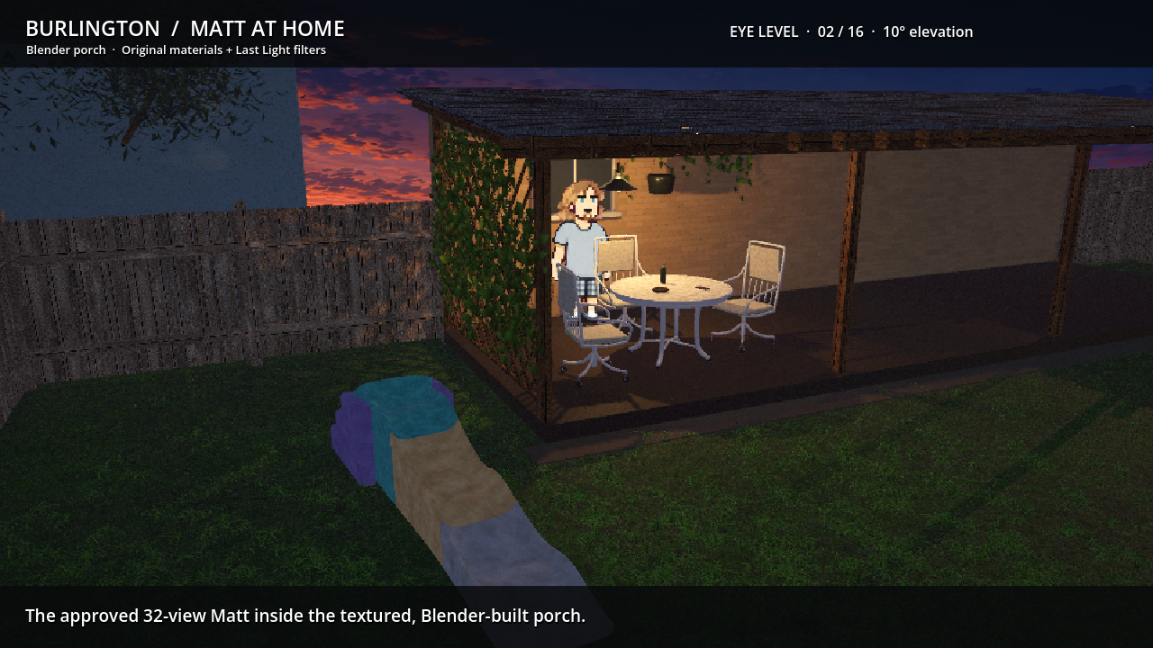 Burlington prototype showing a pixel character in a textured 3D porch