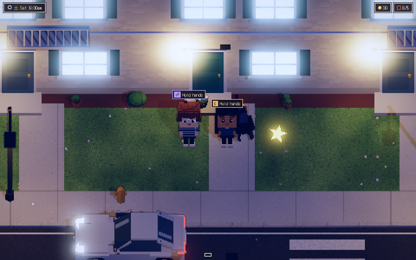 The two players standing outside their apartment at night in Futari Gurashi