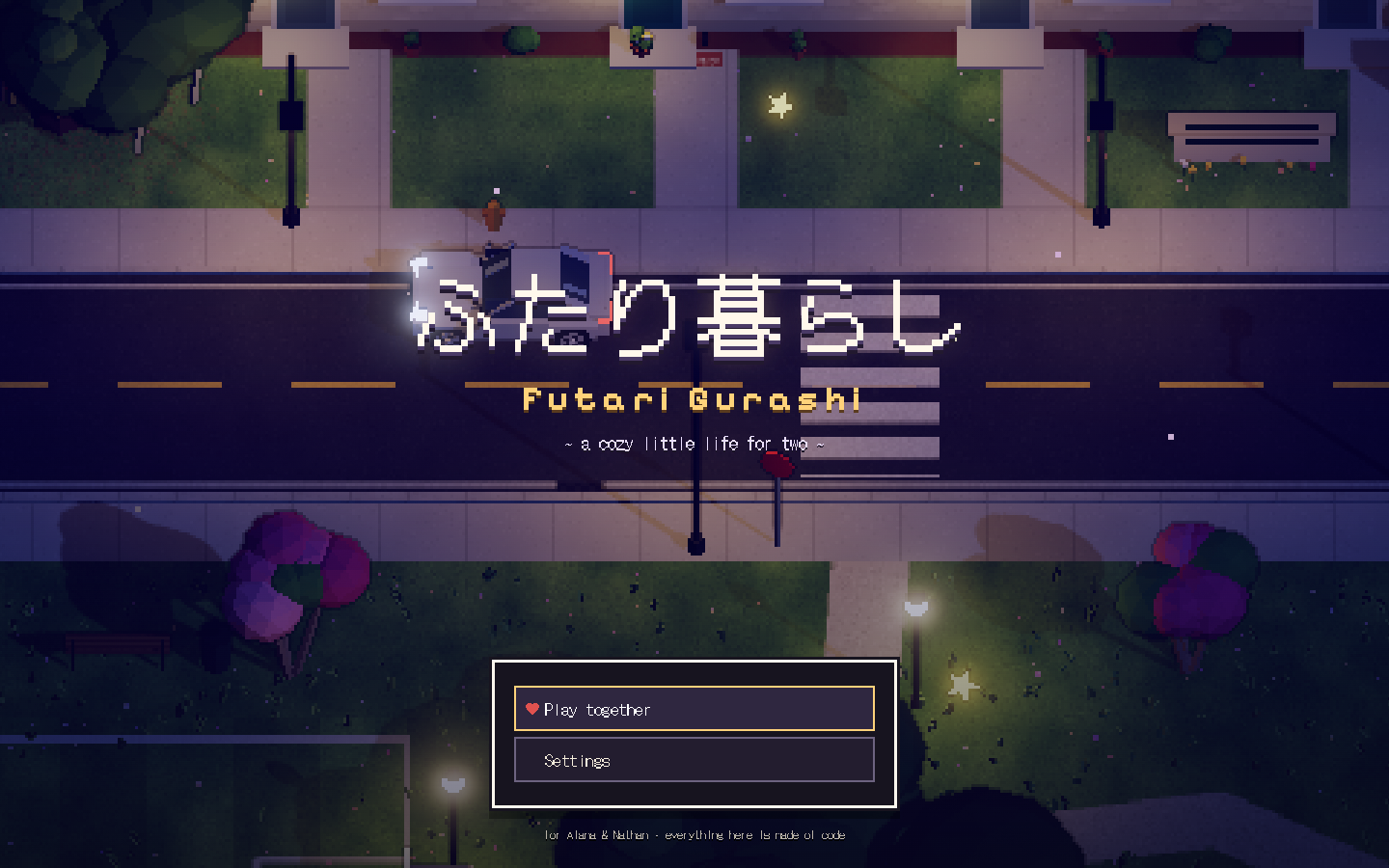 Futari Gurashi game title screen above its pixelated 3D town